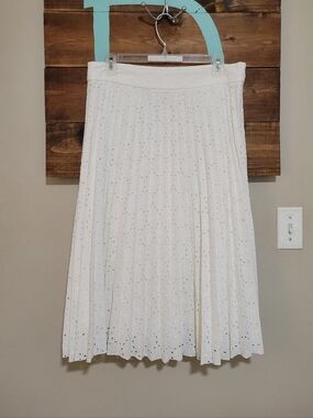 Sezane White Embroidered Eyelet Pleated Classic Coquette Midi Skirt Size 10/L